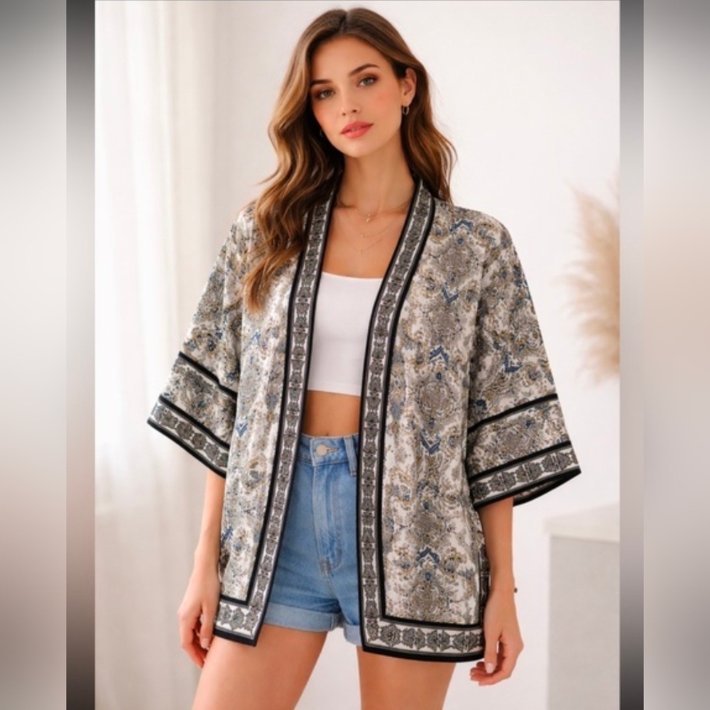 Max Studio Neutral Paisley Open-Front Kimono with Black Trim